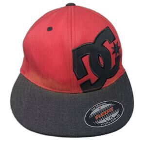 DC Baseball Cap Hat Red Black XL Flexfit Embroidered Flat Brim Stitched Logo